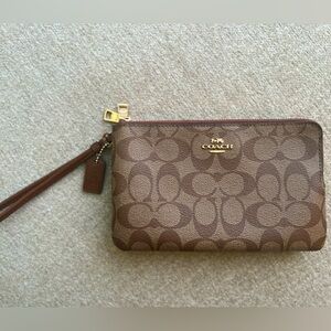 EUC Coach Signature Brown On Brown Coated Canvas Double Corner ZipWallet F16109